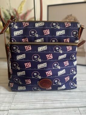 Dooney & Bourke Navy New York Giants Crossbody Bag with Brown Leather Trim